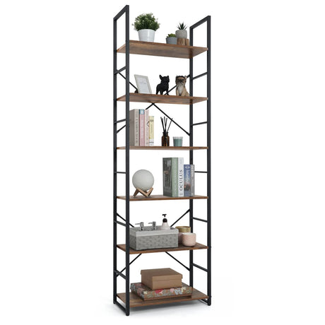 CAPHAUS 6-Tier Industrial Bookshelf - Rustic Oak Free Standing Storage Organizer for Home and Office CAPHAUS