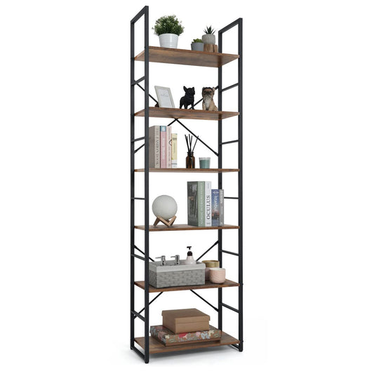 CAPHAUS 6-Tier Industrial Bookshelf - Rustic Oak Free Standing Storage Organizer for Home and Office - WoodArtSupply