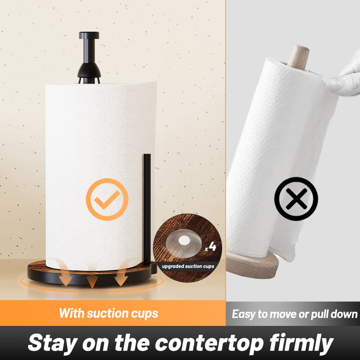 VEHHE Paper Towel Holder Countertop, One-Handed Tearing Wood Paper Towel Holder Farmhouse with Ratchet System and Suction Cups, Stainless Steel Paper Towel Holders for Bathroom and Kitchen VEHHE