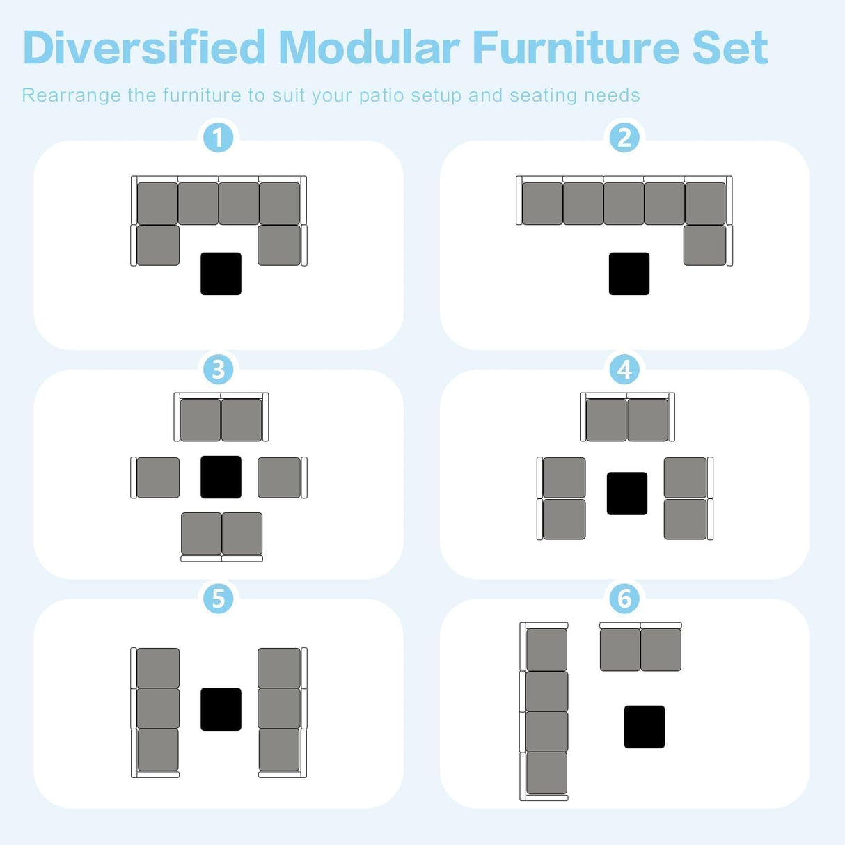 XTWEEX 7-Piece Modular Outdoor Sectional Wicker Patio Conversation Set with Glass-Top Coffee Table, All-Weather Rattan and Cushion Fabric – Gray/Gray XTWEEX