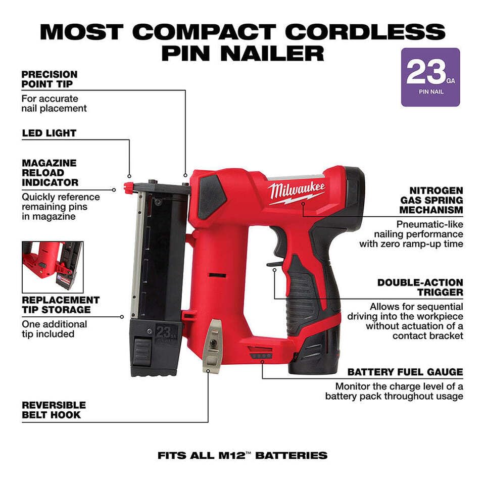 For Milwaukee 2540-21 M12 12V 23 Gauge Lightweight Compact Cordless Pin Nailer Kit - WoodArtSupply