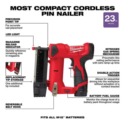 For Milwaukee 2540-21 M12 12V 23 Gauge Lightweight Compact Cordless Pin Nailer Kit - WoodArtSupply