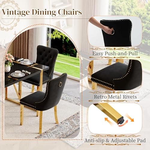 Black Dining Table Set for 4, 55" Black Glossy Top with Gold Metal Legs, Modern Dining Table Set for 4 & Velvet Tufted Chair with Nailhead Trim, Luxry Kitchen Table Set Ideal for Dining Room,APT Iopirbu