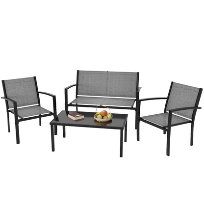 Greesum GS-LCT4PCSGY 4 Pieces Patio Furniture Set Outdoor Conversation Textilene Fabric Chairs for Lawn, Garden, Balcony, Poolside with A Glass Coffee Table, Gray