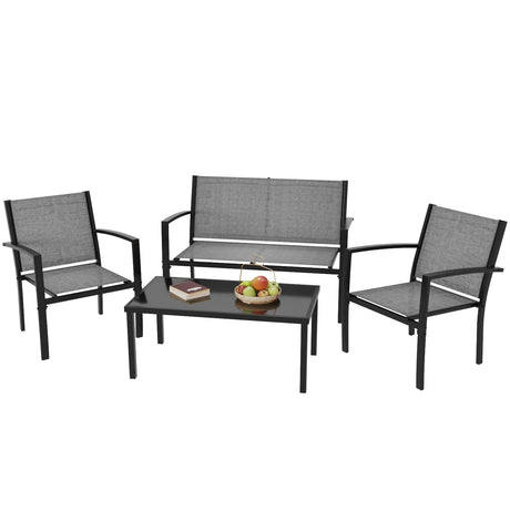 Greesum GS-LCT4PCSGY 4 Pieces Patio Furniture Set Outdoor Conversation Textilene Fabric Chairs for Lawn, Garden, Balcony, Poolside with A Glass Coffee Table, Gray Greesum