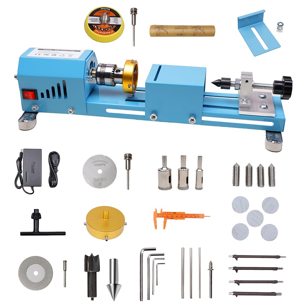 Onetuon Mini Wood Lathe Milling Machine Multi-Purpose Type Lathe with Wood Lathe Milling Accessories, for Wood Polishing, Grinding, Cutting and Milling ，2.76 in x 6.3 in, 24VDC 96W，7 Speeds Onetuon