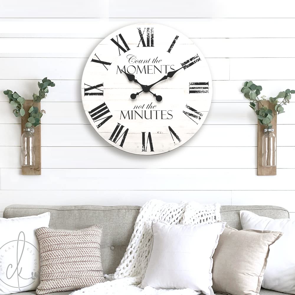 ALNHF 24 Inch Inspritional Silent Quartz Clock,White Distressed Shiplap Farmhouse Wooden Wall Clocks for Indoor Decor ALNHF