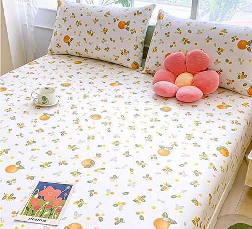 100% Cotton Fitted Sheet with Elastic Band +2pc Pillowcases Orange Fruit Print Double Queen Cal-King Size Mattress Cover for Girls Boys B99A (Queen (U.S. Standard)) Generic