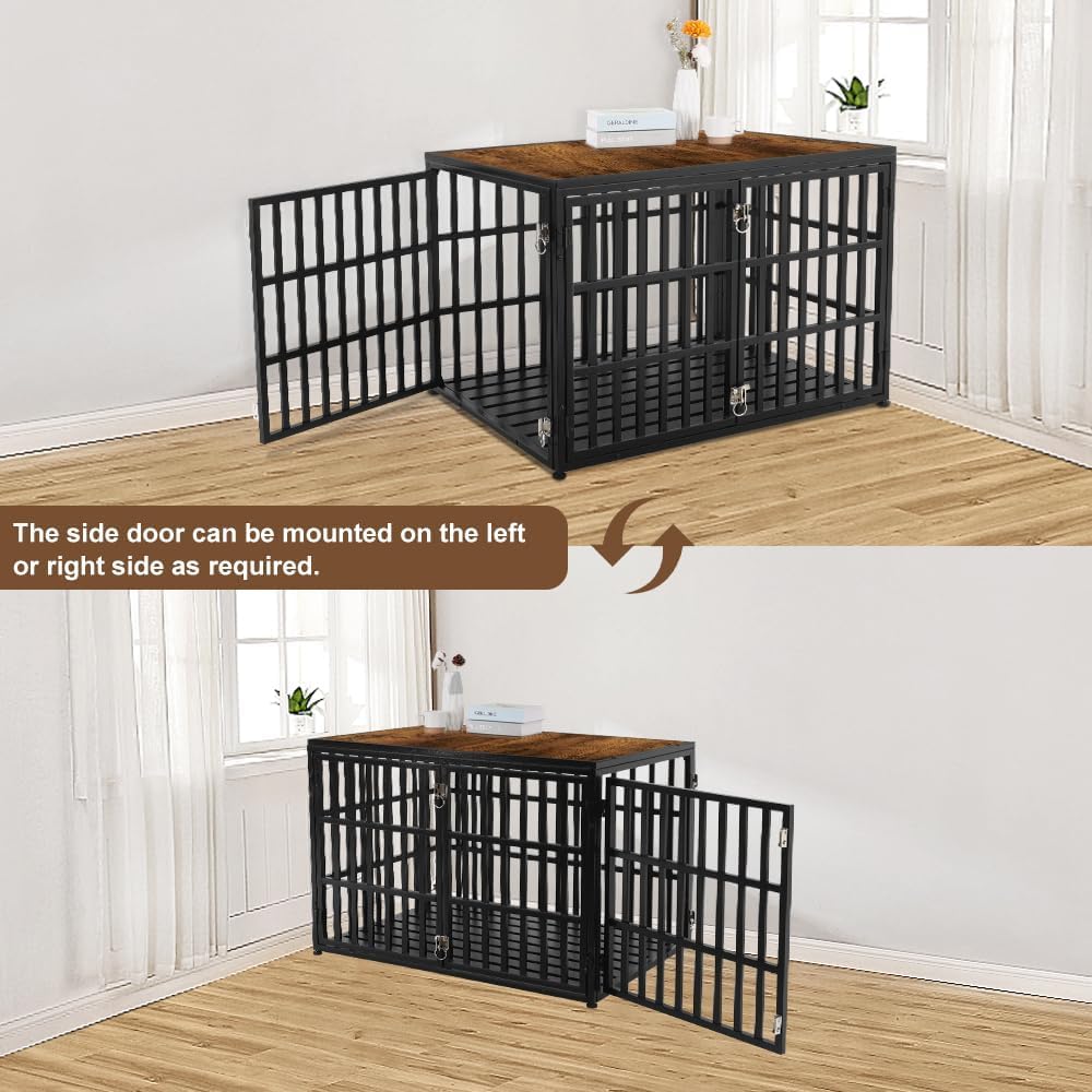 HIDOG 40" Dog Crate Furniture, Wooden Pet Crate End Table Decorative Dog Kennel Furniture, Heavy Duty Dog Cage for Large and Medium Dogs, Three Doors with Double Protection Lockes, Rustic Bro - WoodArtSupply