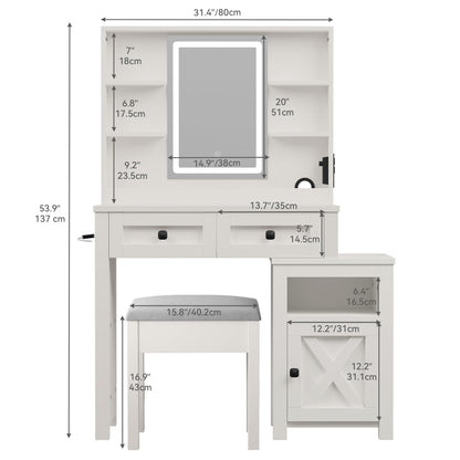 YITAHOME Farmhouse Vanity Desk with Mirror and Lights, Makeup Vanity Table with 2 Drawers & Shelves storage, Vanity Set for Bedroom, includes Stool, Adjustable Lighting, White