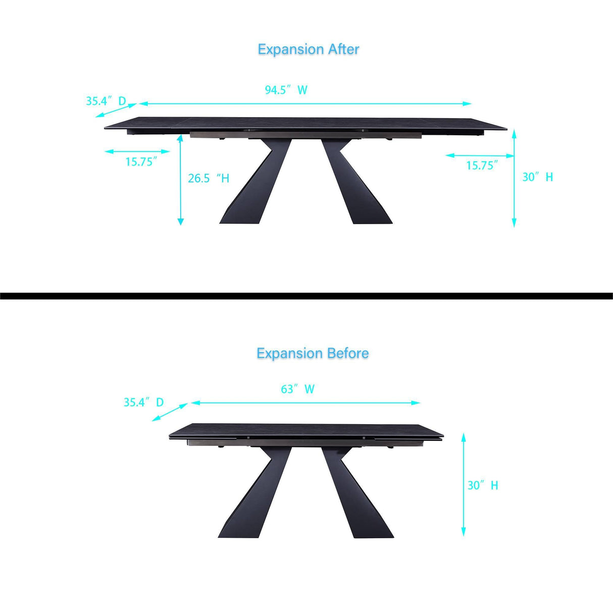 TimesGate Expandable Dining Table for 8-12 Seat, Flexible Stretch, Tabletop Made from Rock Plate and Tempered Glass, Solid Carbon Steel Base, 35.4" D x 94.5" W x 30" H, Dark Grey TimesGate