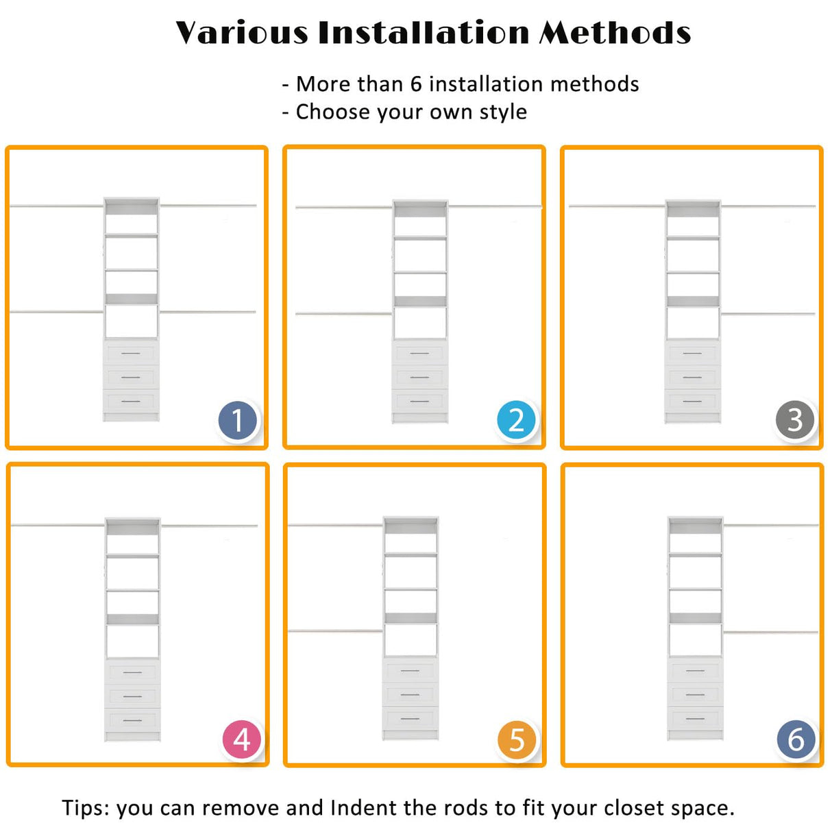Closet System with Drawers, 5FT-8FT Custom Closet Organizer System 99" Walk in Wood Closet Storage System with 4 Expandable Hanging Rods Wall Mount White Dilando