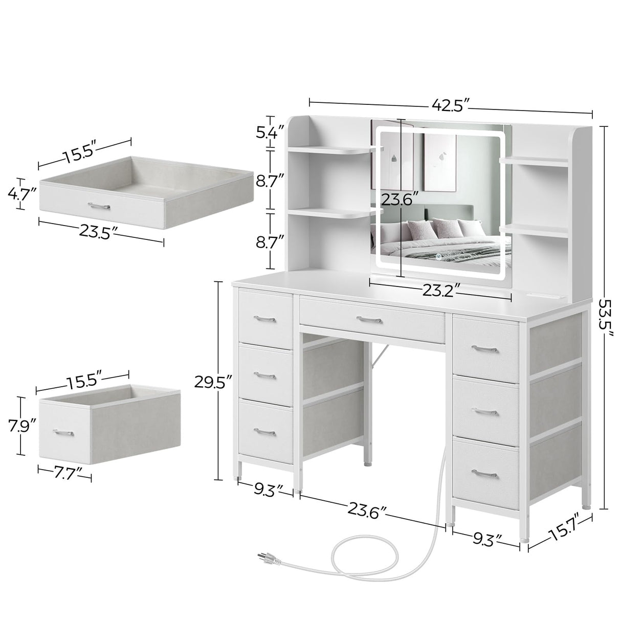 Rolanstar Vanity Desk with Lighted Mirror & Power Outlet, Makeup Vanity with 7 Fabric Drawers, 6 Storage Shelves & 3 Lighting Modes, Dressing Table for Bedroom, Girls, Women, White Rolanstar