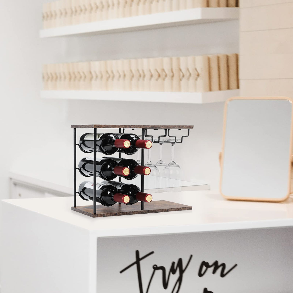 MOOACE Countertop Wine Rack, Hold 6 Wine Bottles and 4 Glasses Rack, Freestanding Wine Rack for Home, Kitchen, Bar Table, Wine Cellar, Cabinet MOOACE