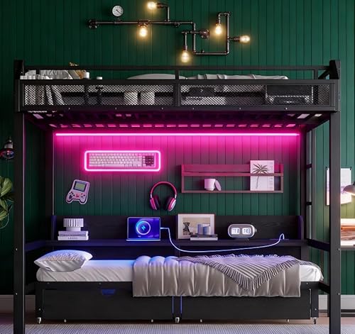 Bellemave Bunk Bed Queen Over Queen，Metal Bunk beds with Storage Shelves and Drawers USB Ports and LED Lights, Lower Bed That can be Converted into a Sofa, Black Bellemave