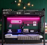 Bellemave Bunk Bed Queen Over Queen，Metal Bunk beds with Storage Shelves and Drawers USB Ports and LED Lights, Lower Bed That can be Converted into a Sofa, Black Bellemave