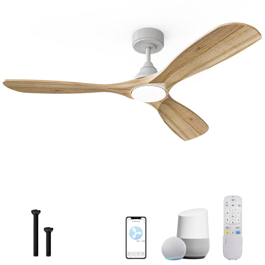 NOPAARD 52 Inch Smart Wood Ceiling Fan with Light, White Ceiling Fans with Remote, Alexa,Wifi and App Controls, Reversible Blades, Quiet DC Motor, Timing, High CFM, Dimmable LED Light, Natura - WoodArtSupply