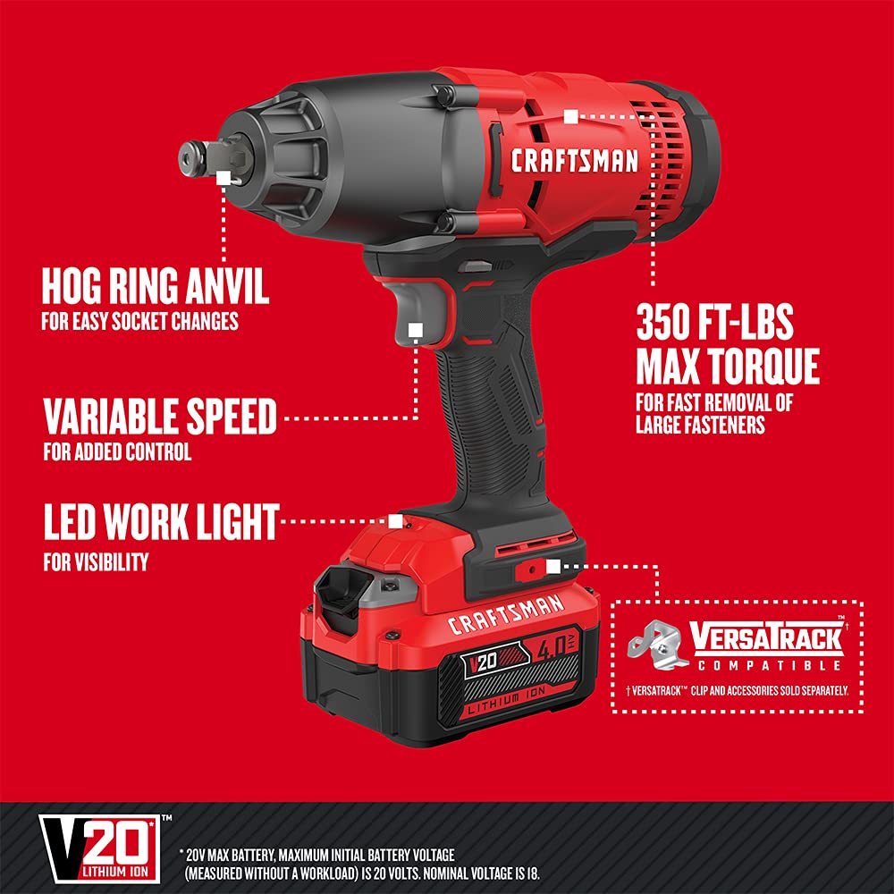 CRAFTSMAN V20 RP 1/2 inch Cordless Impact Wrench Kit, Brushless, 4Ah Battery and Charger Included (CMCF900M1) - WoodArtSupply