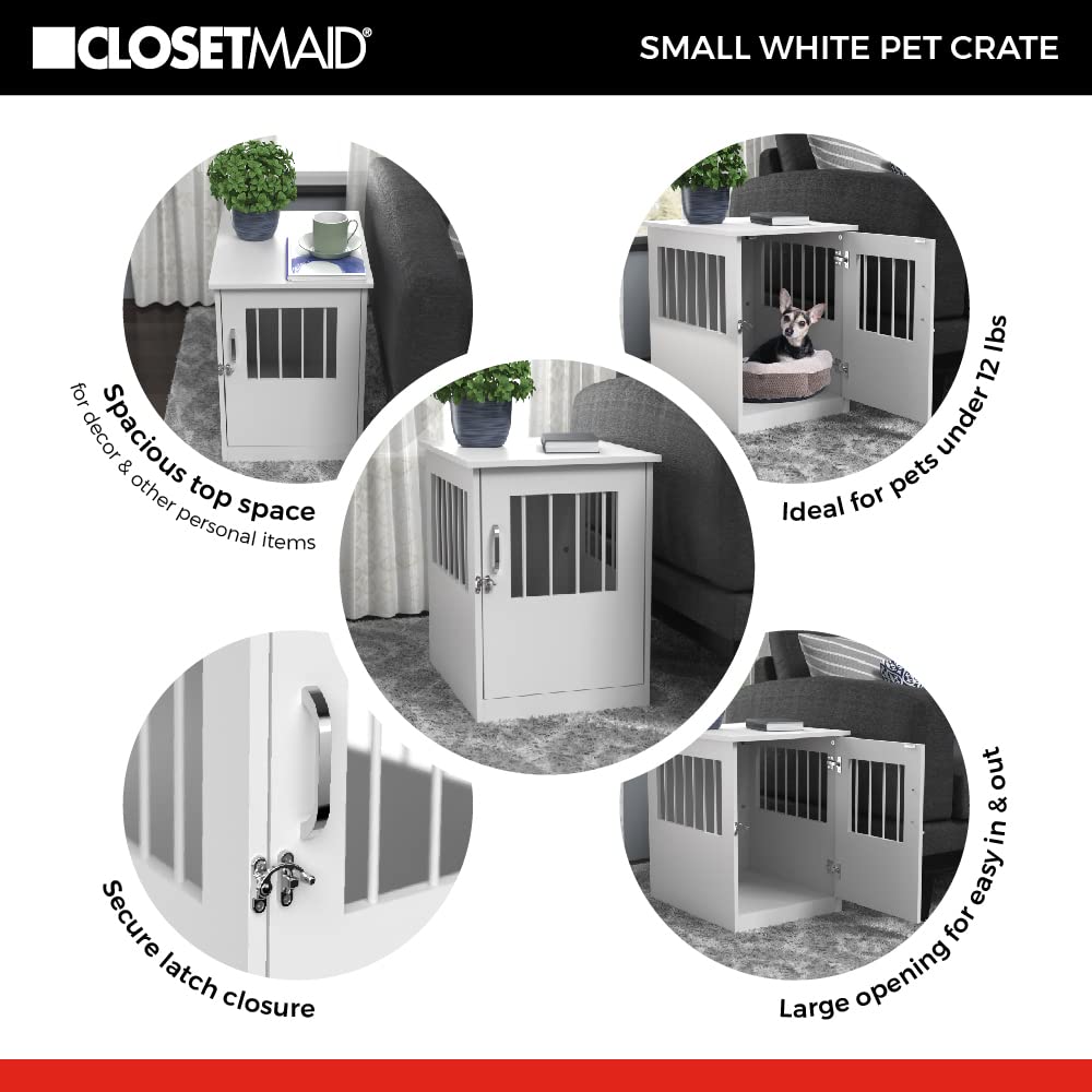 ClosetMaid Pet Crate End Table Furniture for Small Dogs or Cats Under 12 lbs, White Wood Finish ClosetMaid