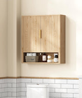 Rovaurx Fluted Medicine Cabinet with 2 Doors, Bathroom Wall Cabinet, Curved Profile Wall Mounted Cupboard with Adjustable Shelf, for Bathroom, Kitchen, Laundry Room, Natural Rovaurx