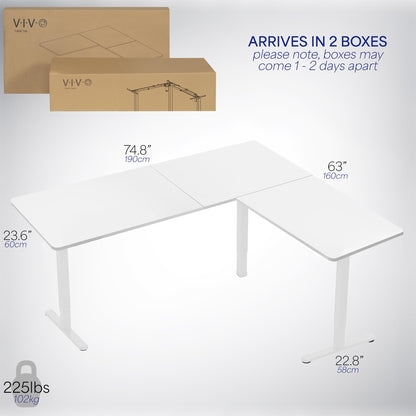 VIVO Electric Corner L-Shaped 75 x 63 inch Standing Desk, Height Adjustable, Memory Controller, White Top White Frame, DESK-E3CTW-75