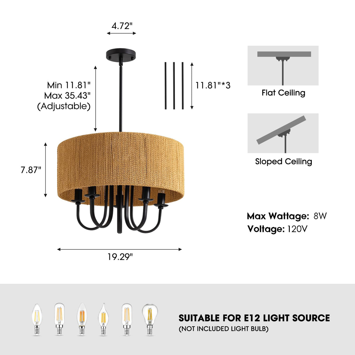 NOXARTE Rattan Chandelier 5-Light Boho Farmhouse Drum Chandelier Light Fixture, 19.2" Hand-Woven Wicker Pendant Light, Hanging Light Fixture for Dining Room Living Room Bedroom Kitchen Island NOXARTE