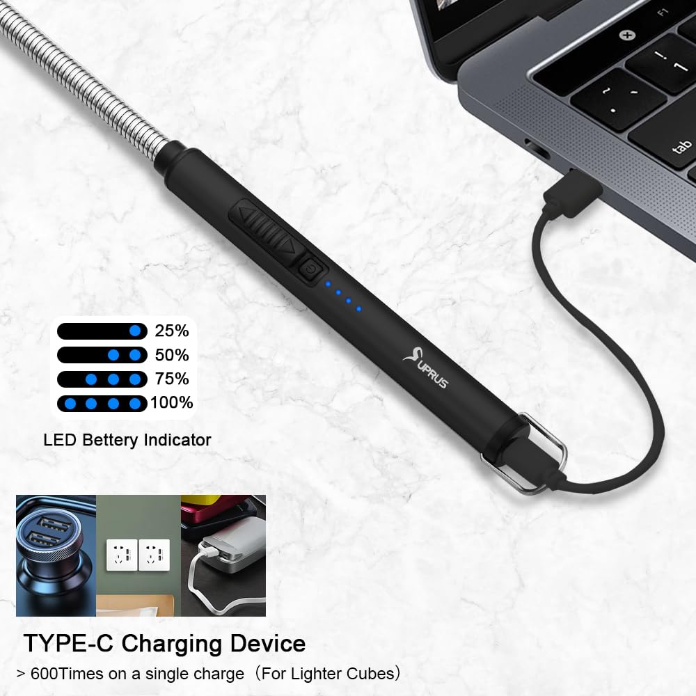 SUPRUS Electric Candle Lighter USB Type C Rechargeable Lighter Steel Shell & Hanging Hook with 360° Flexible Neck (Black) SUPRUS