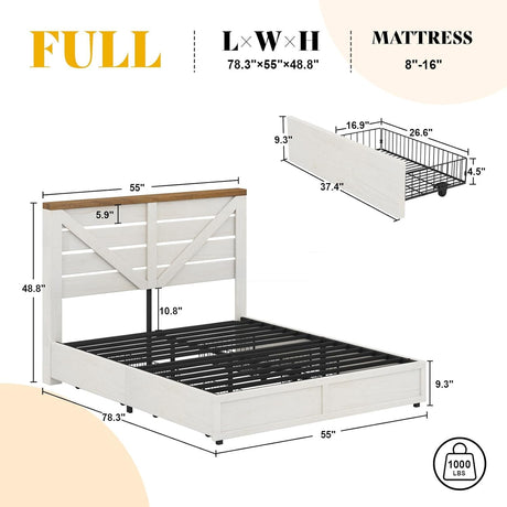 AMERLIFE Full Size Farmhouse Bed Frame with 4 Drawers, Wooden Storage Bed Frame with Headboard and Heavy Duty Metal Slats, Noisy Free, Easy Assemble, White/Barnwood AMERLIFE