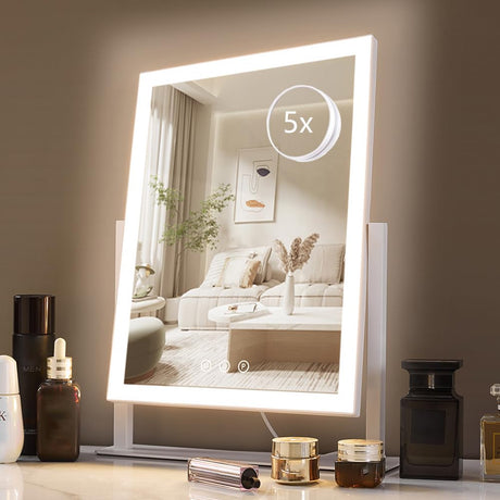 HIEEY Lighted Makeup Mirror, Hollywood Vanity Mirror with Lights, Three Color Lighting Modes, and 5X Magnification Mirror, Smart Touch Control, 360°Rotation (17.3in,White,Gift Box) HIEEY