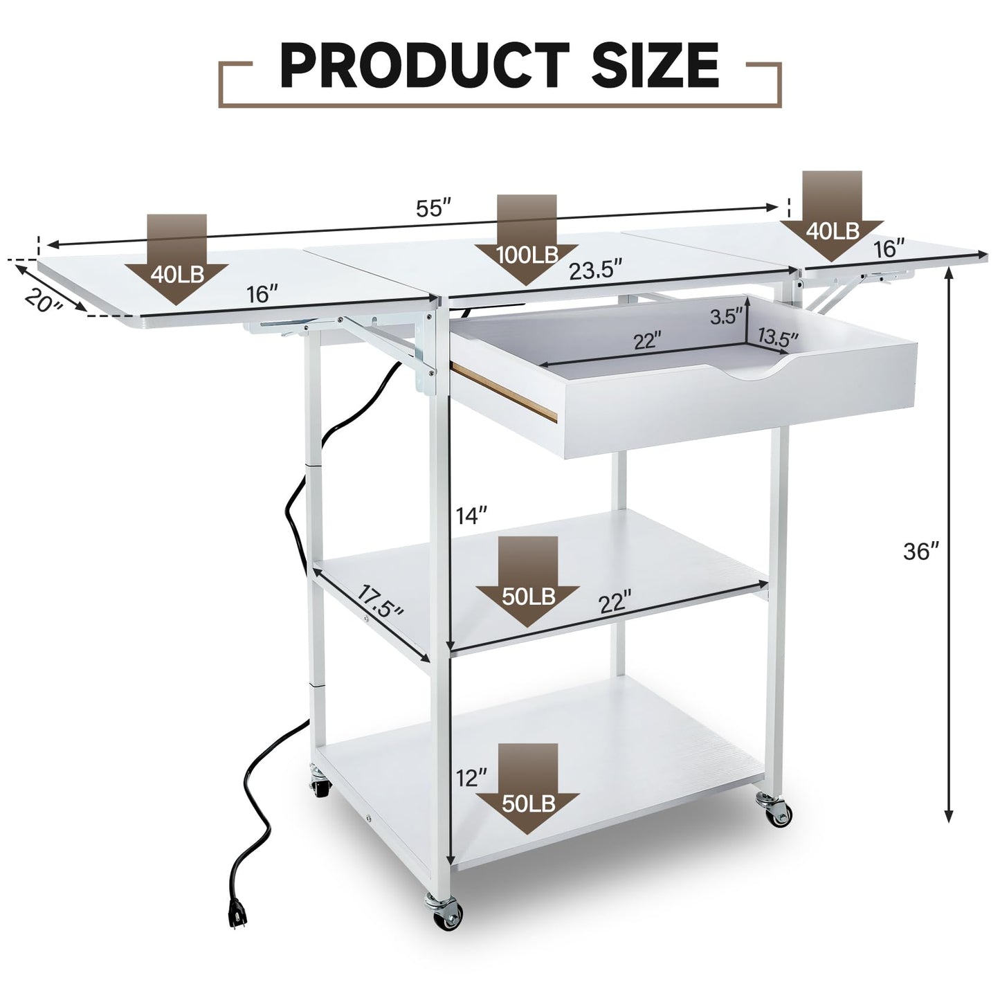 TC-HOMENY Movable 3 Tier Heat Press Table, Foldable Heat Transfer Machine Stand with Vinyl Roll Holder, Heat Press Table Cart Stand with Charging Station for DIY Sublimation Transfer Machine (White)