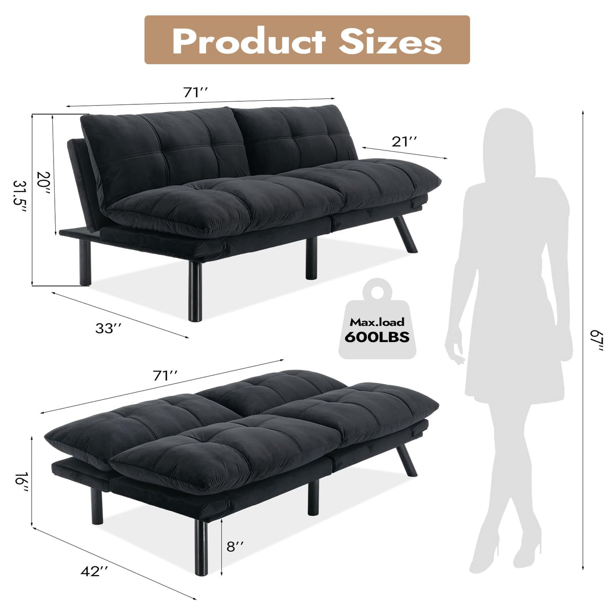 Edbuosy Comfortable Futon Sofa Bed, Memory Foam Loveseat, Convertible Adjustable Sofa Bed CouchSuitable for Office, Home, and Bedroom (Black) Edbuosy