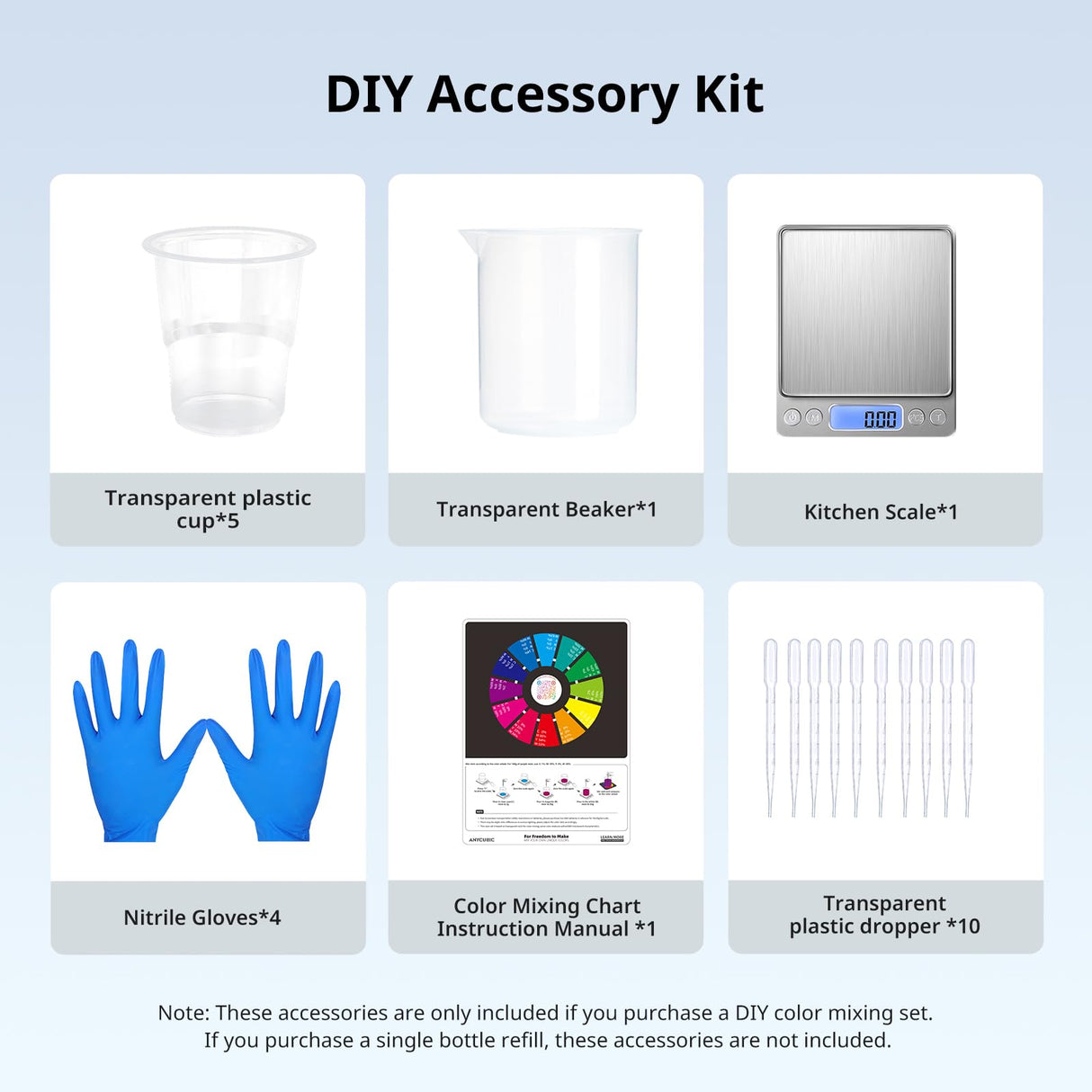 ANYCUBIC DIY Color Mixing 3D Printer Resin Set for LCD 3D Printing, Including 3D Resin 6 Colors, Dropper, Beaker, Disposable Plastic Cups, Nitrile Gloves, Electronic Scale (Without Battery) ANYCUBIC