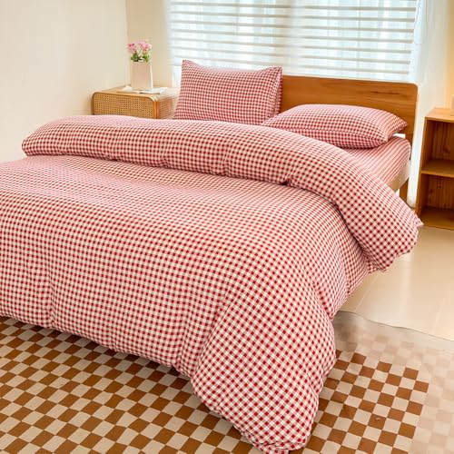 NSNLGSGC Red Gingham Duvet Cover Set Queen, Grid Simple Geometric Square Pattern Comforter Cover,Soft Plaid Washed Microfiber Bedding Cover(3PCS,Queen) NSNLGSGC
