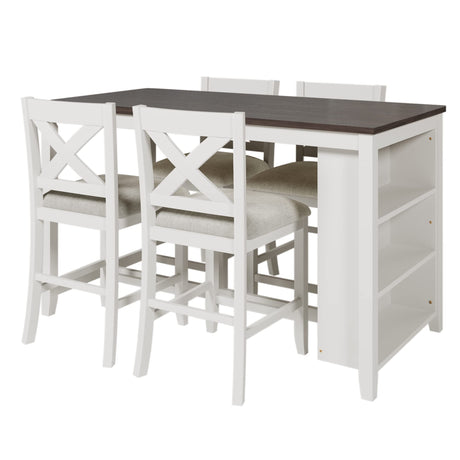 5 Pieces Counter Height Wooden Bar Table Set with 3-Tier Shelf and 4 Chairs, Rustic Farmhouse Dining Table Set for 4, White Harper & Bright Designs