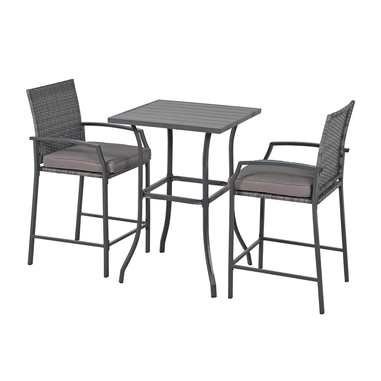JOIVI 3 Piece Patio Bar Set, Outdoor Wicker Counter Height Bar Stools and Wood Top Table Set for 2 People, Bar Height Table Bistro Set with 2 Bar Chairs and Cushions for Backyard, Balcony JOIVI