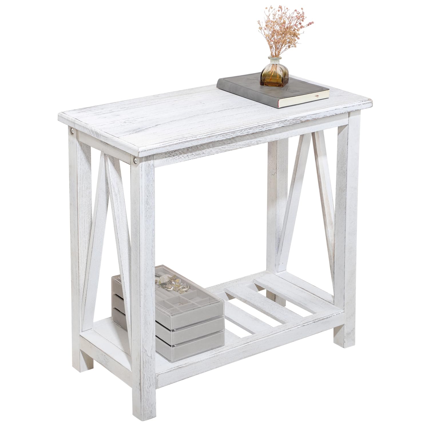 FEUFOAM Narrow End Table Wood Rustic Farmhouse Side Tables with Storage Shelves Narrow Sofa Table for Small Spaces Living Room Bedroom Bathroom Dorm Rustic White - WoodArtSupply