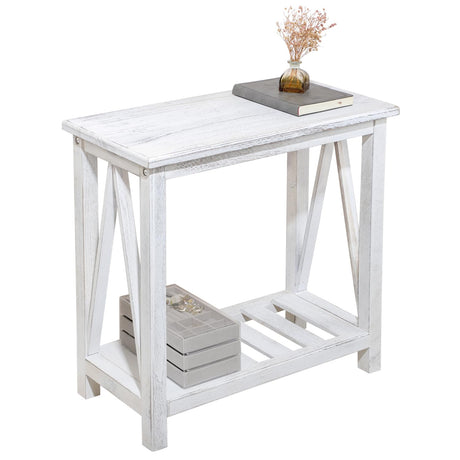 FEUFOAM Narrow End Table Wood Rustic Farmhouse Side Tables with Storage Shelves Narrow Sofa Table for Small Spaces Living Room Bedroom Bathroom Dorm Rustic White FEUFOAM
