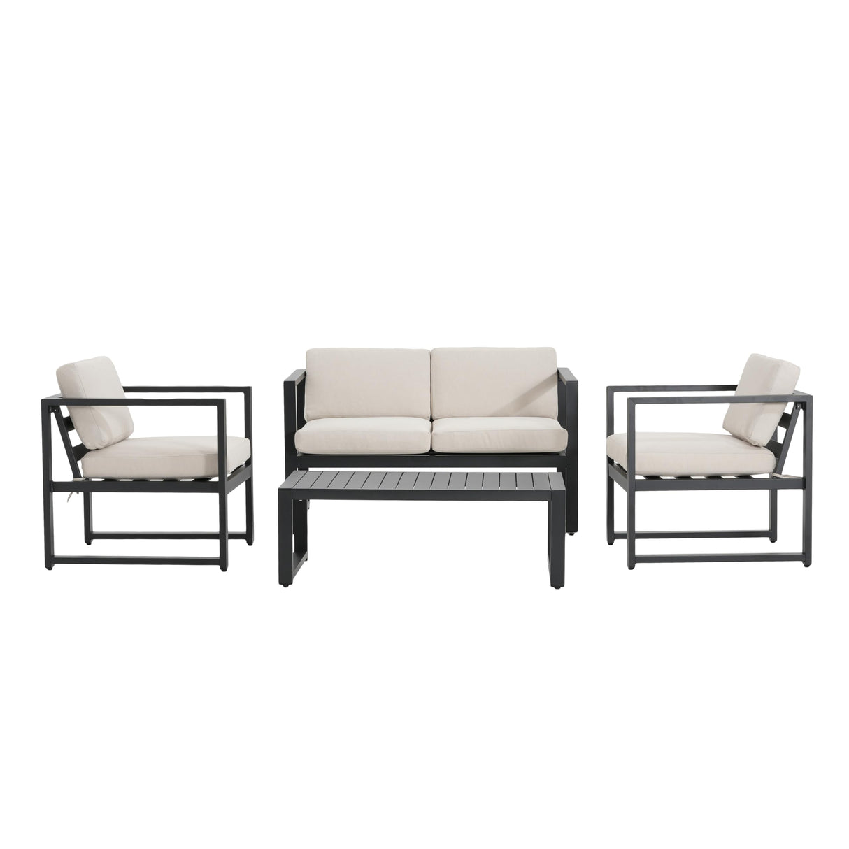 Christopher Knight Home Tundr Outdoor 4 Seater Chat Set with Coffee Table, Patio Conversation Sets, Sectional Aluminum Furniture Set with Cushions, 2 Chairs and Loveseat Set, Black Finish + Beige Christopher Knight Home