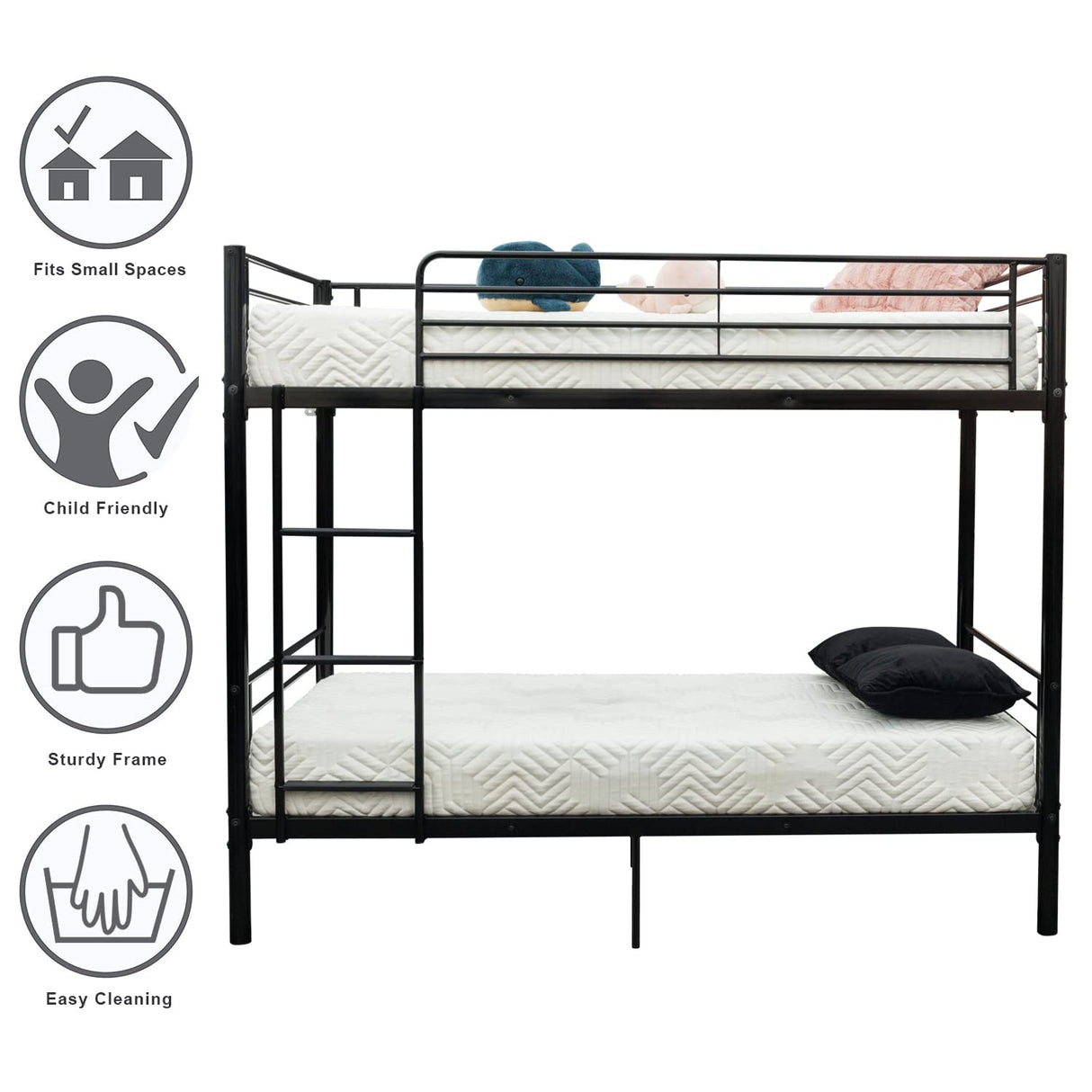 Bonnlo Bunk Bed Twin Over Twin for Kids/Teens/Adults Heavy Duty Bunk Bed with Flat Ladder and 13 inches High Guardrail, Metal Bunk Bed with Stairs, Black Bonnlo