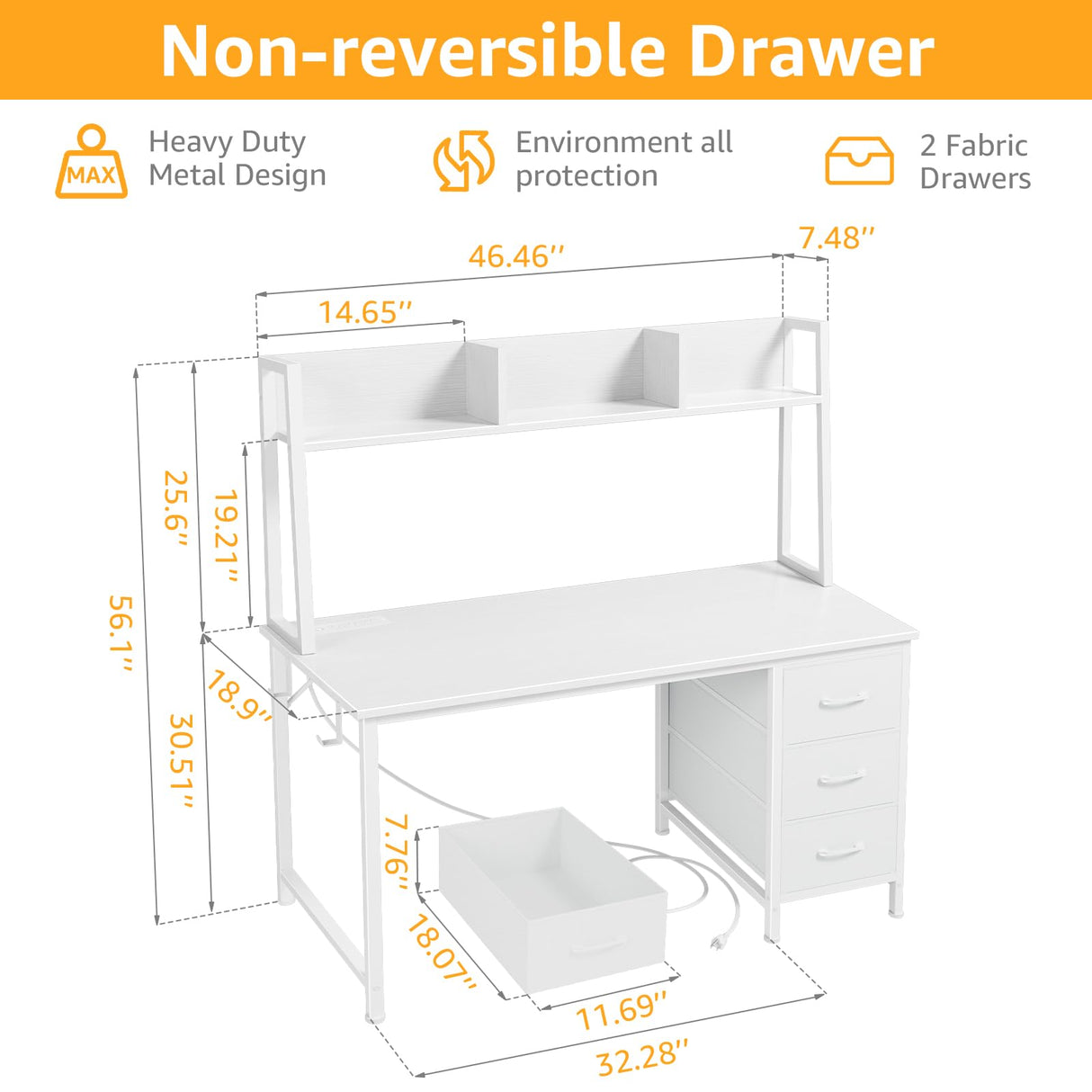 DLISITING White Computer Desk with Hutch & Drawers - Office Study Writing 47 Inch Desk with 3 Drawers Storage Power Outlets, Modern Desk for Bedroom Home Office DLISITING