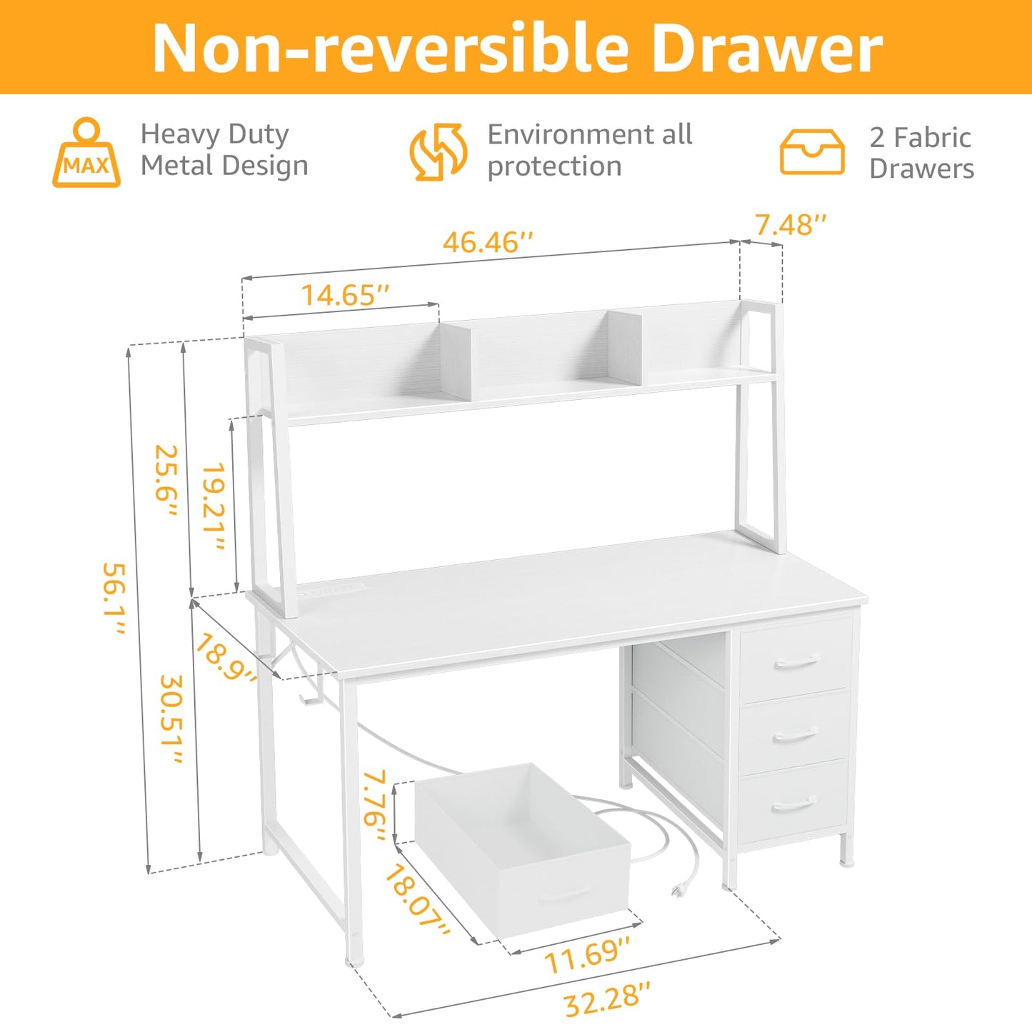 DLISITING White Computer Desk with Hutch & Drawers - Office Study Writing 47 Inch Desk with 3 Drawers Storage Power Outlets, Modern Desk for Bedroom Home Office