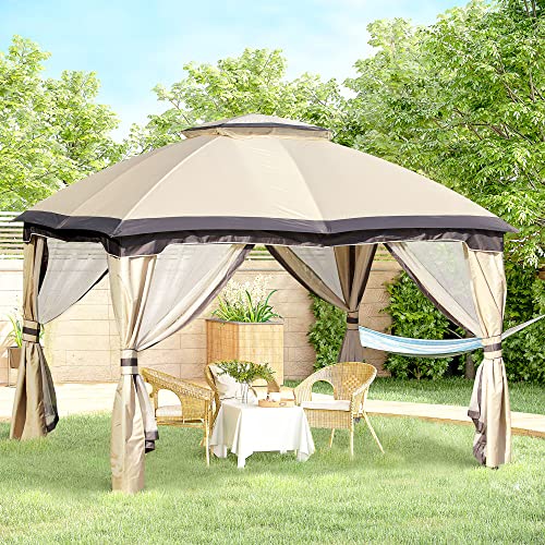 Outsunny 10' x 12' Outdoor Gazebo, Patio Gazebo Canopy Shelter w/Double Vented Roof, Zippered Mesh Sidewalls, Solid Steel Frame, Beige Outsunny