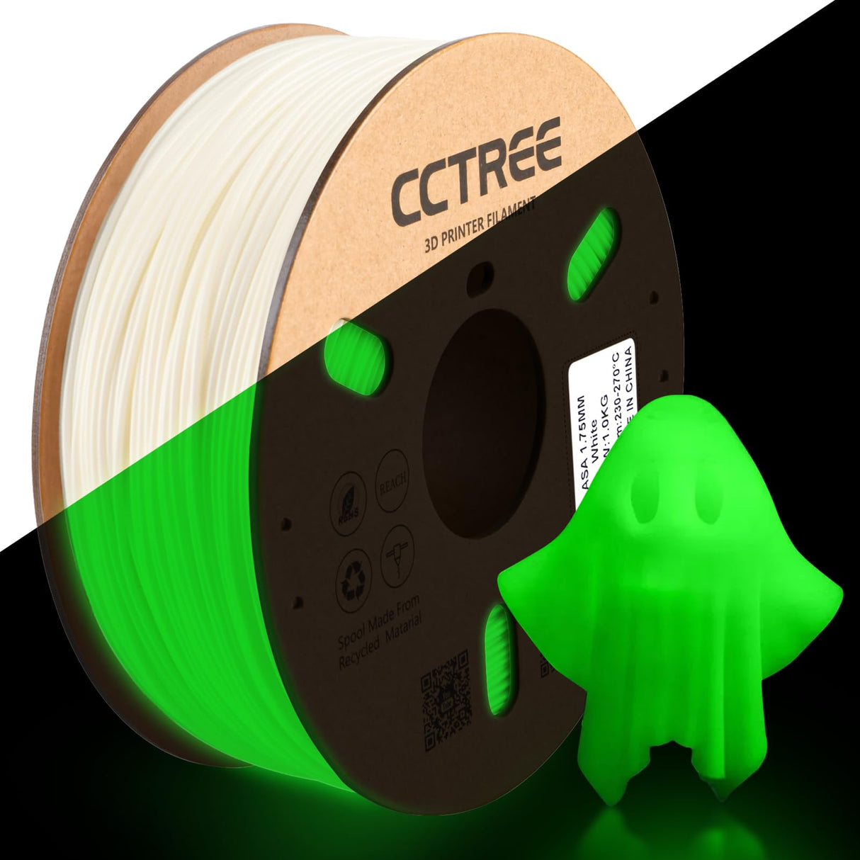 CCTREE 3D Printer ASA Filament 1.75MM High Speed ASA Filament UV-Resistant, Great for Outdoor Functional Parts,Heat & Weather Resistant 3D Printer Filament 1kg (2.2lbs) Sppol (Glow in Dark Green) CCTREE