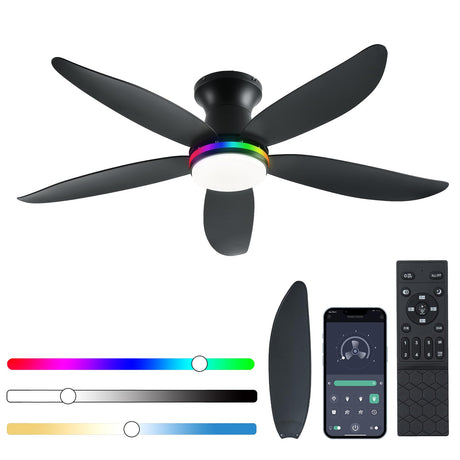 JSAITEE Ceiling Fan with Light, 48" RGB Low Profile Ceiling Fans with Lights and Remote Control, Dimmable, DC Reversible Motor, Noiseless, 6 Speeds Flush Mount Black Ceiling Fan for Bedroom JSAITEE
