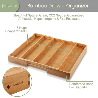 Purawood Kitchen Drawer Organizer - Expandable Utensil Drawer Organizer for Kitchen, Cutlery Tray & Silverware Drawer Organizer, 3-5 Slots - Bamboo Drawer Organizer for Utensils & Flatware (Natural)