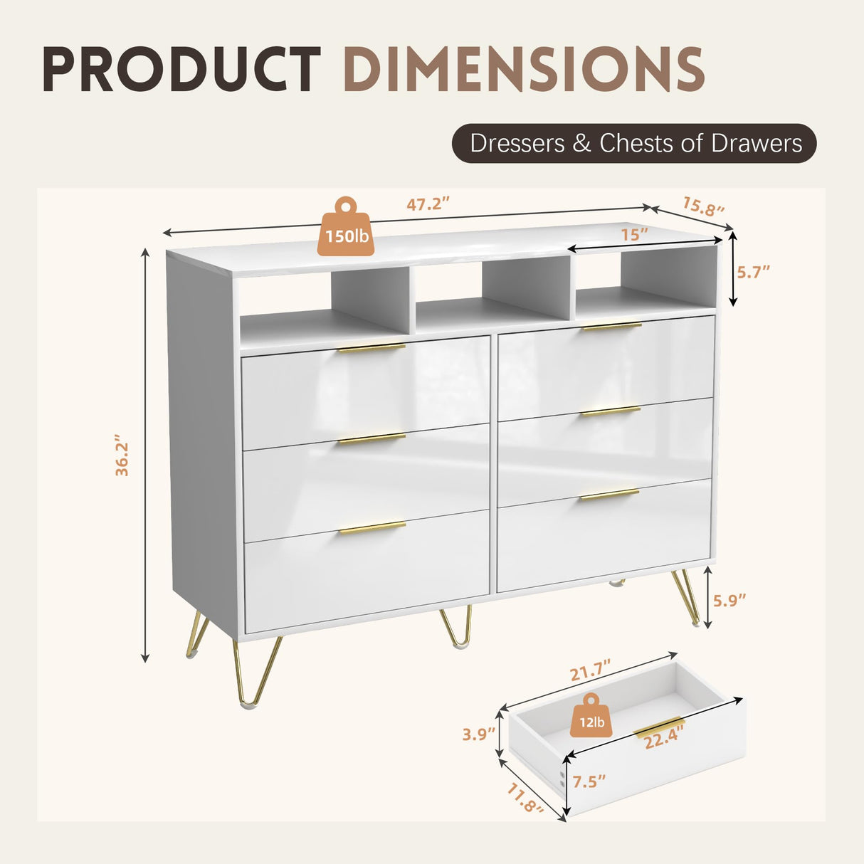 Furnivado Dresser for Bedroom, 6 Drawer Dresser with Led Lights, Modern White Dresser with 3 Open Shelves, Wood Wide Chest of Drawers Storage Organizer, White Dresser with Led Lights Furnivado