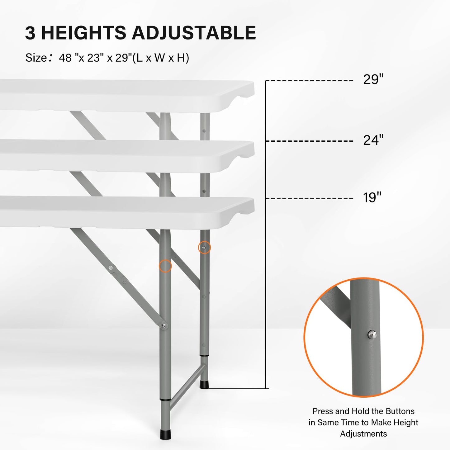 VINGLI 4 FT Plastic Folding Camping Table,3-Level Adjustable Height, Portable in/Outdoor Party Picnic Dining Desk,Off-White Garden Soccer Multipurpose Entertaining Activities - WoodArtSupply