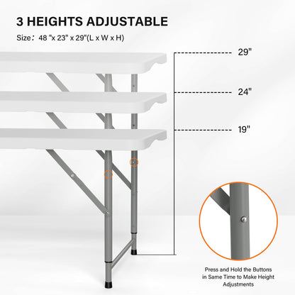 VINGLI 4 FT Plastic Folding Camping Table,3-Level Adjustable Height, Portable in/Outdoor Party Picnic Dining Desk,Off-White Garden Soccer Multipurpose Entertaining Activities - WoodArtSupply