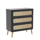 LONYKE Wicker Rattan Chest of Drawers, 3-Drawer Dresser, Black Finish Wooden Storage Cabinet, Modern Farmhouse Accent Table, Boho Mid-Century Coastal Sideboard LONYKE