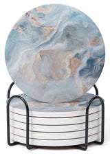 Hoomey Set of 6 Abstract Blue Marble Coasters with Holder, Absorbent Ceramic Coasters for Drinks, Coasters with Cork Backing for Table Protection, Housewarming Gifts for New Home Hoomey